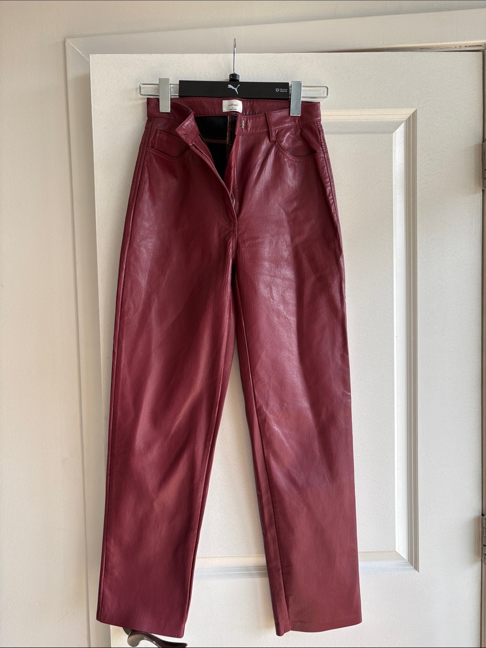 Aritzia Wilfred The Melina Pant - Burgundy Faux Leather Straight-Leg Jeans